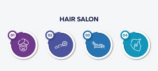 infographic element template with hair salon outline icons such as facial mask, hairpin, sunbed, short male hair shape vector.