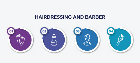 infographic element template with hairdressing and barber outline icons such as barefoot, essence, hair salon, hair brush vector.