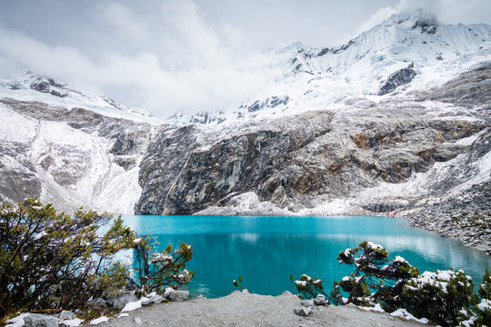 amazing view of 69 lagoon in peruvian andes, huascaran