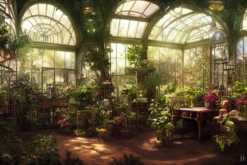 Victorian style fairy tale botanical garden fantasy greenhouse design - obrazy, fototapety, plakaty