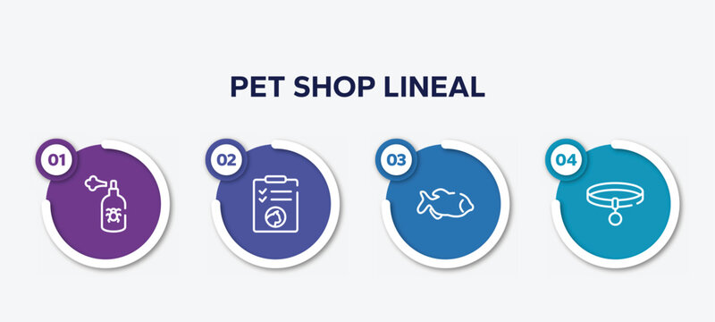 infographic element template with pet shop lineal outline icons such as spray, cat health list, big piranha, collar vector.