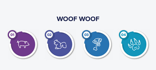 infographic element template with woof woof outline icons such as pig with round tail, sitting squirrell, chewing bone for dog, animal paw print vector.