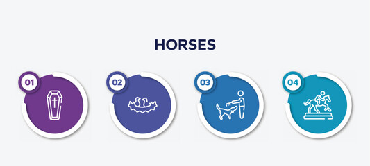 infographic element template with horses outline icons such as coffin, birds in nest, man combing a dog, trophy of horses races vector.