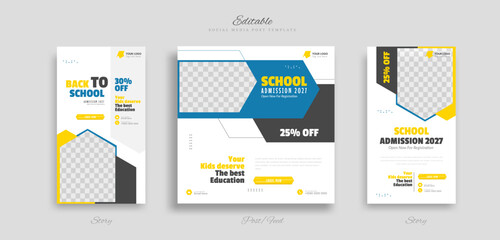 Fototapeta premium set of School education admission social media post and story web banner template. with blue, black and white background vector illustration