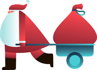 Santa Claus drags a huge and heavy sack with gifts on his wheelbarrow. Christmas concept
