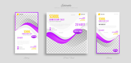 set of School education admission social media post and story web banner template. with purple, black and white background vector illustration