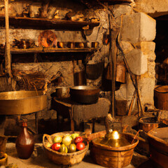 Medieval old castle kitchen black cuisine pots copper ware illustration painting