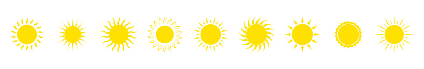 Yellow sun icon set. Summer suns circles with different rays. Cartoon bright natural lighting objects. Vector illustration