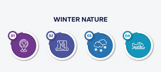 infographic element template with winter nature outline icons such as location pin, waterfall, snowy, sled vector.