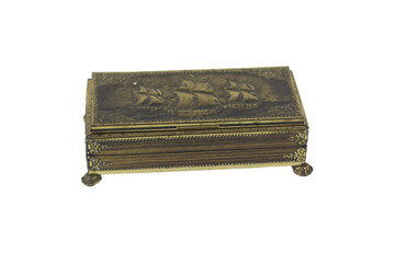 old box made from steel with carving of ship at the top from indonesia