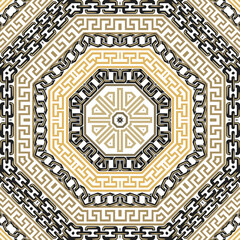 Chains. Greek golden frames, mandalas and chains seamless pattern. Traditional ornamental tribal ethnic vector background. Repeat backdrop. Greek key meander, chains. Hexagon ornaments on white