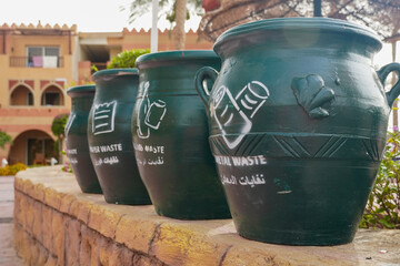 Separate waste collection at the hotel in Egypt. Garbage bins. High quality photo