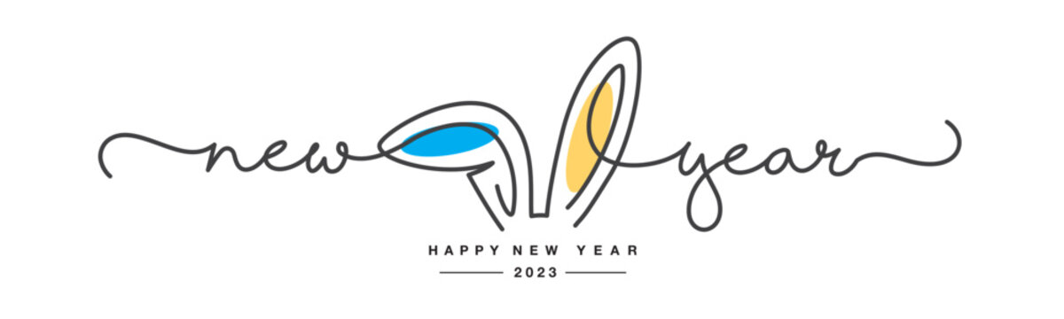 Happy new year 2023. Chinese year of the rabbit 2023 handwritten lettering line design on a white background