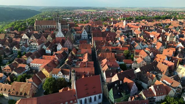 Drone shot flying over Rothenburg ob der Tauber old town in Germany
