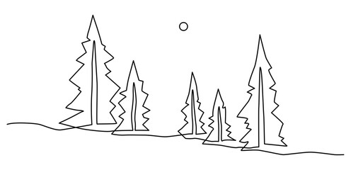 Young spruce trees in the field. Landscape. Continuous line drawing illustration.