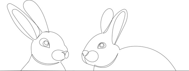 rabbits portrait drawing in one continuous line, isolated vector