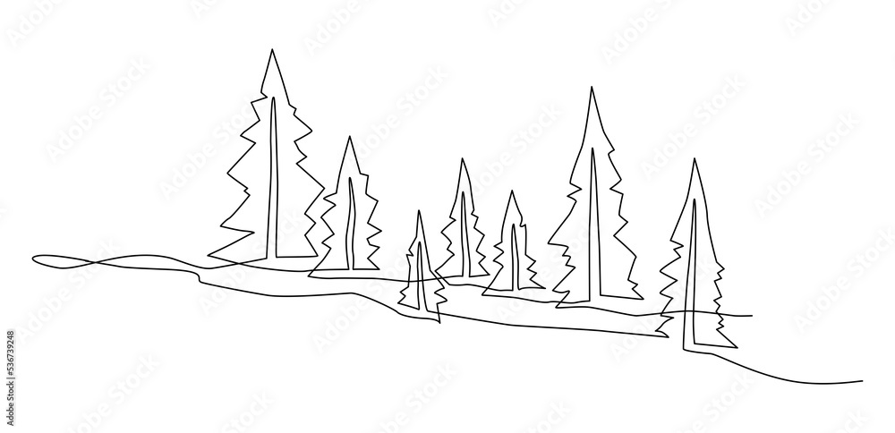 Wall mural Young spruce trees in the field. Landscape. Continuous line drawing illustration. - Wall murals