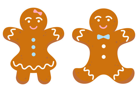 Gingerbread man and woman. Homemade Christmas cookies. Winter holiday celebration theme. Vector illustration in flat style isolated on white background.