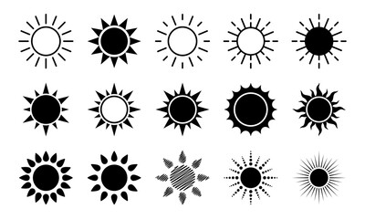 Sun icons collection. Black vector elements on white background. Best for seamless patterns, decoration,  and your design.