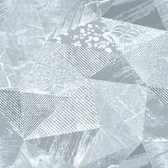 Seamless monochrome textured polygonal pattern. Light gray-blue background.
