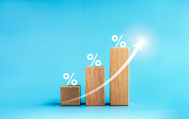 Shining rise up arrow on wooden cube blocks, bar graph chart steps with percentage 3d icons on blue...