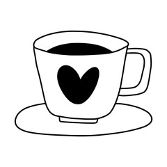 Vector illustration of a coffee cup with coffee drawn with a black line in the style of doodles