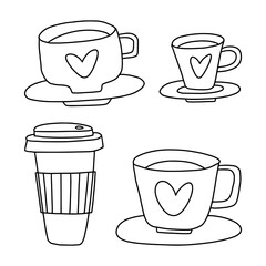 Obraz premium Vector collection of coffee cups with coffee, drawn with a black line in the style of doodles