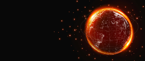 Fire-colored virtual globe and orange light streaks surround it. Fast communication and borderless...