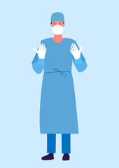 Medical concept with male surgeon. Surgeon character in uniform, ready for the operation. Medical profession modern vector illustration.