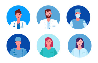 Doctors and nurses profile vector icons. Surgeon and therapist physicians avatars