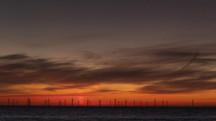 Off-shore wind farm in the North Sea at sunrise.