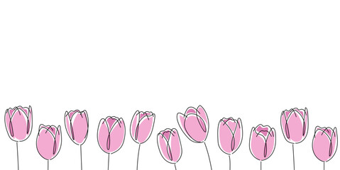 Banner with pink tulips on white background.