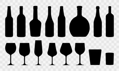 Foto op Plexiglas Set with alcohol bottles and glasses vector icons. Black silhouette with wine, cognac, champagne, beer bottle and glass. Alcohol collection. © Міша Герба