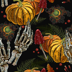 Orange pumkin, skeleton hands. fly agaric and moon. Halloween template for clothes, t-shirt design. Night fairy tale style. Embroidery gothic seamless pattern. Esoteric concept