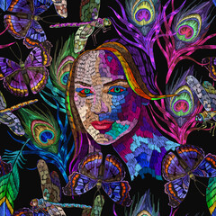 Fashion woman, butterflies and colorful peacock feathers. Embroidery. Face of wild nature. Horizontal seamless pattern. Fashion template for clothes, textiles, t-shirt design
