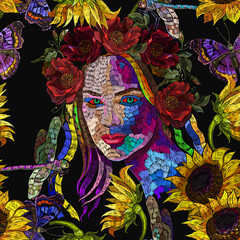 Fashion woman, dragonflies and sunflowers flower. Embroidery. Face of wild nature. Horizontal seamless pattern. Fashion template for clothes, textiles, t-shirt design