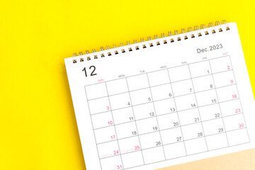 calendar december 2023 top view on yellow a background