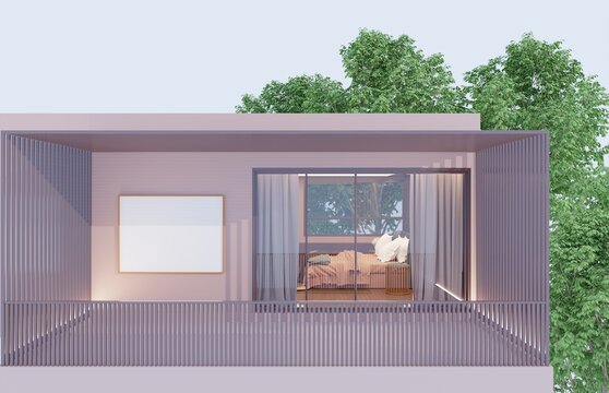 Mock up picture frame exterior with steel awning  overlooking the big trees beside the building.3d render
