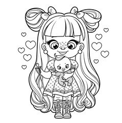 Cute cartoon long haired girl with baby doll and pacifier outlined for coloring page on a white background