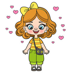 Cute cartoon girl with a cat bag color variation for coloring page on white background
