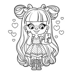 Cute cartoon long haired girl talking on the phone outlined for coloring page on a white background