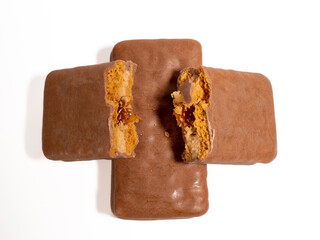 Chocolate bar on a white background. Chocolate with caramel.