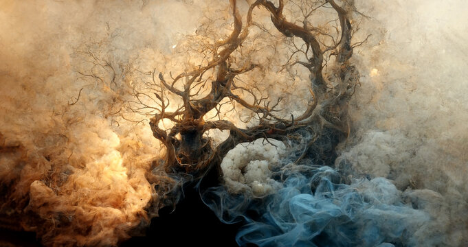 Abstract Winter forest landscape with reindeer,pine trees, hills, fox, sky, clouds. Christmas holiday background with woodland view, 3d render.