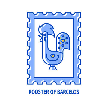 Vector linear illustration of a postage stamp with rooster of Barcelos isolated on white background. Most common traditional symbol of Portugal perfect for postcards. Editable stroke