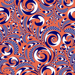 Orange and navy colors vector seamless abstract floral  pattern