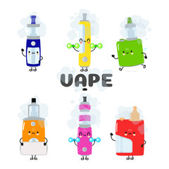 Funny cute happy vape characters bundle set. Vector hand drawn doodle style cartoon character illustration icon design. Cute vape mascot character collection