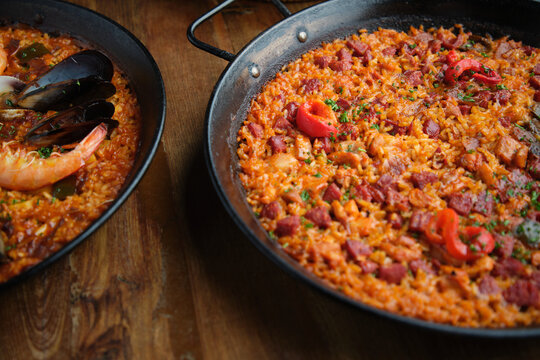 Pans of Spanish paella