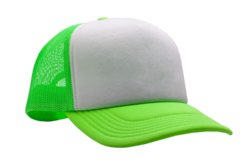 Neon green trucker cap isolated on white background. Basic baseball cap. Mock-up for branding.