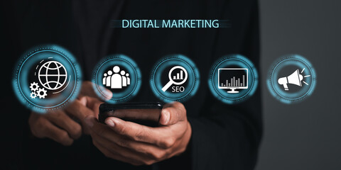 Businessman shows the sign and icon of Digital marketing internet advertising and sales increase business technology concept, online marketing, E-business, Ecommerce, Business online.