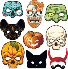 Scary Halloween mask set: skull, zombie, pumpkin, cat, devil, demon, bat, chupacabra